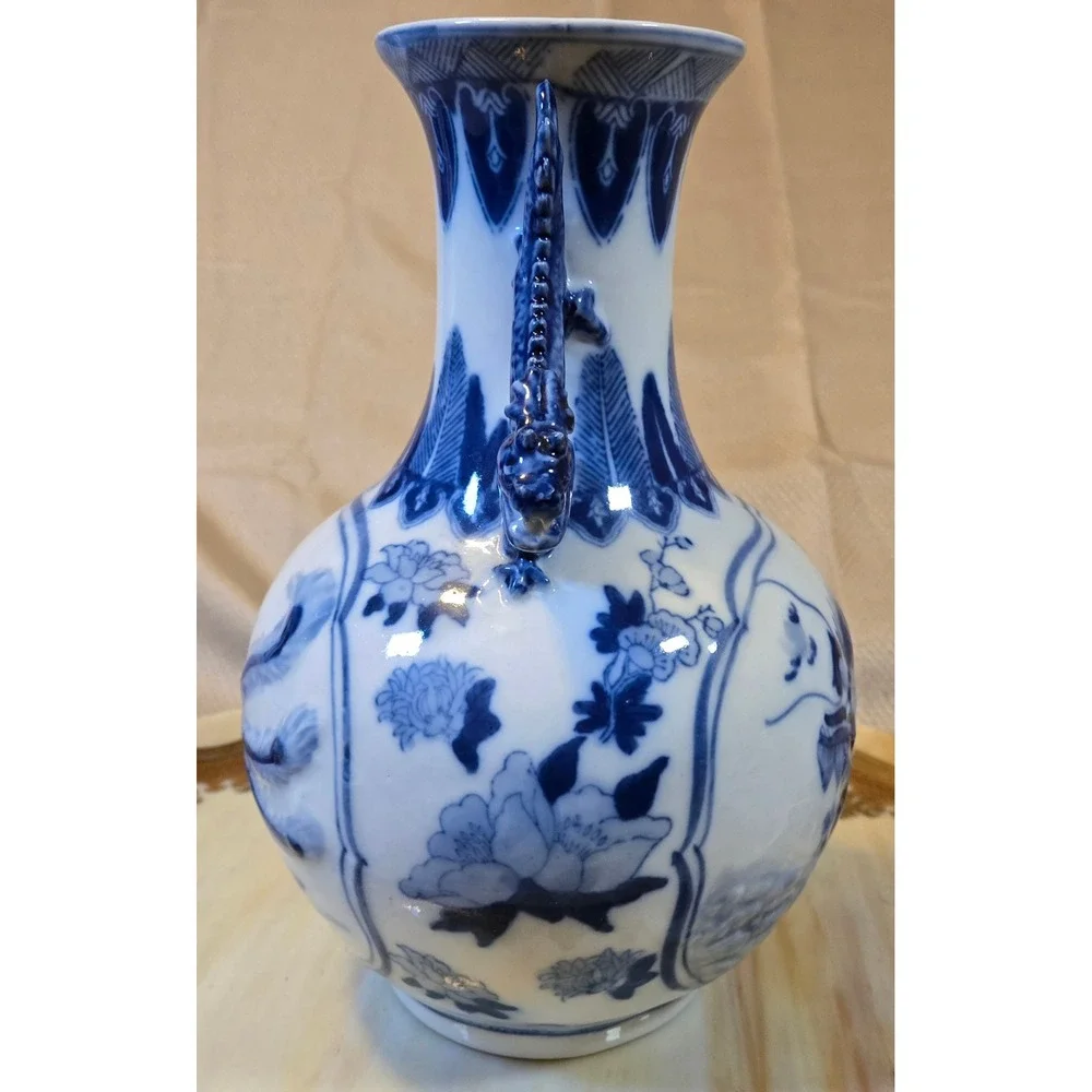 Vintage Chinese Blue White Porcelain Dragon Phoenix Vase Dragon Handles 10